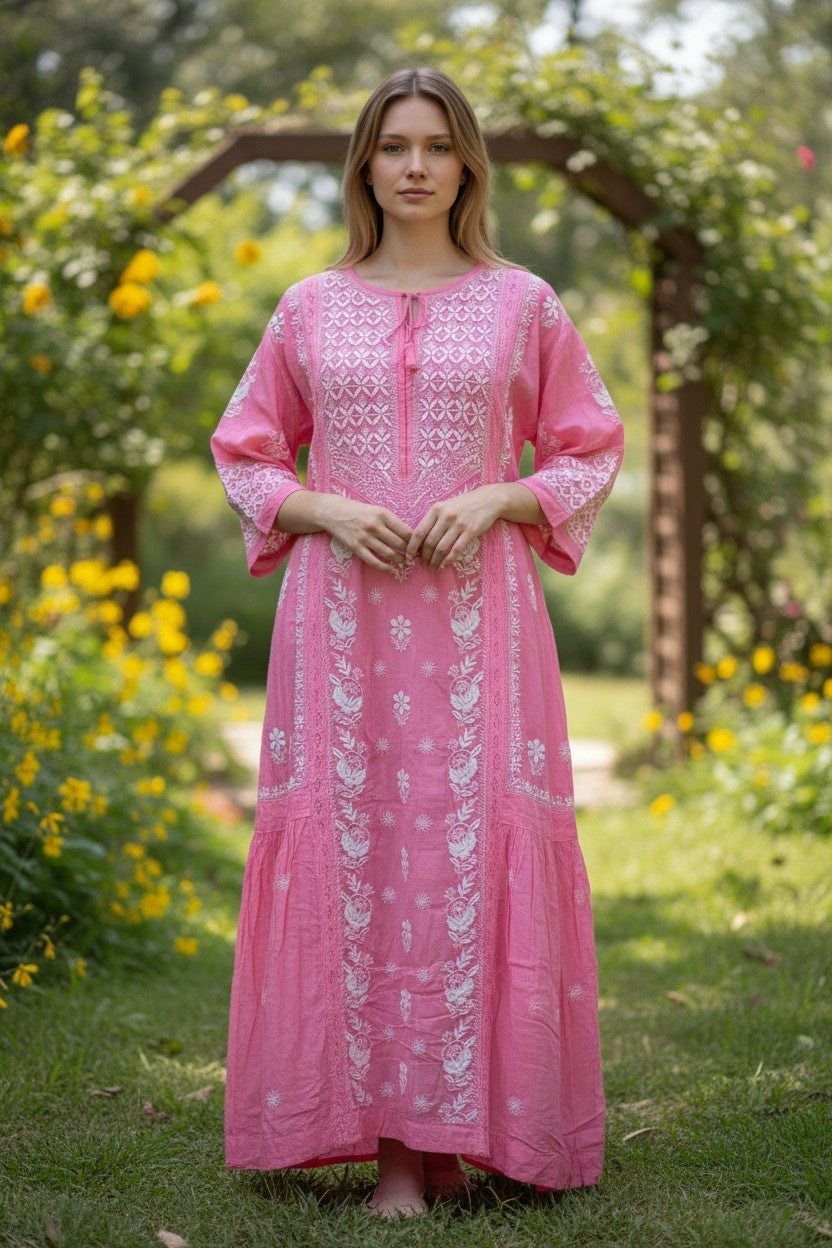 Pure Muslin luxurious long dress with *2 taar chikankari work* Length 50 " approx