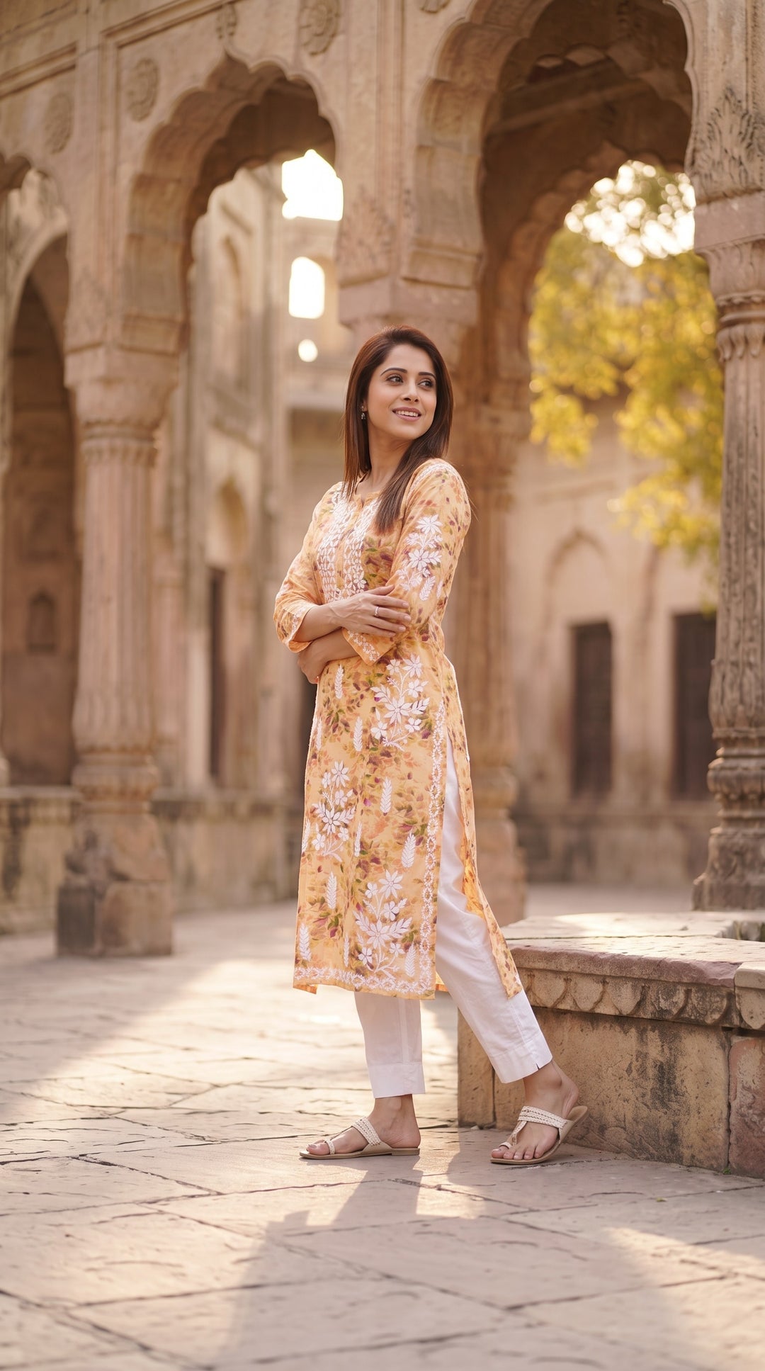 Nushraat Rayon Digital Print Lucknow Chikankari Hand Embroidered Kurti