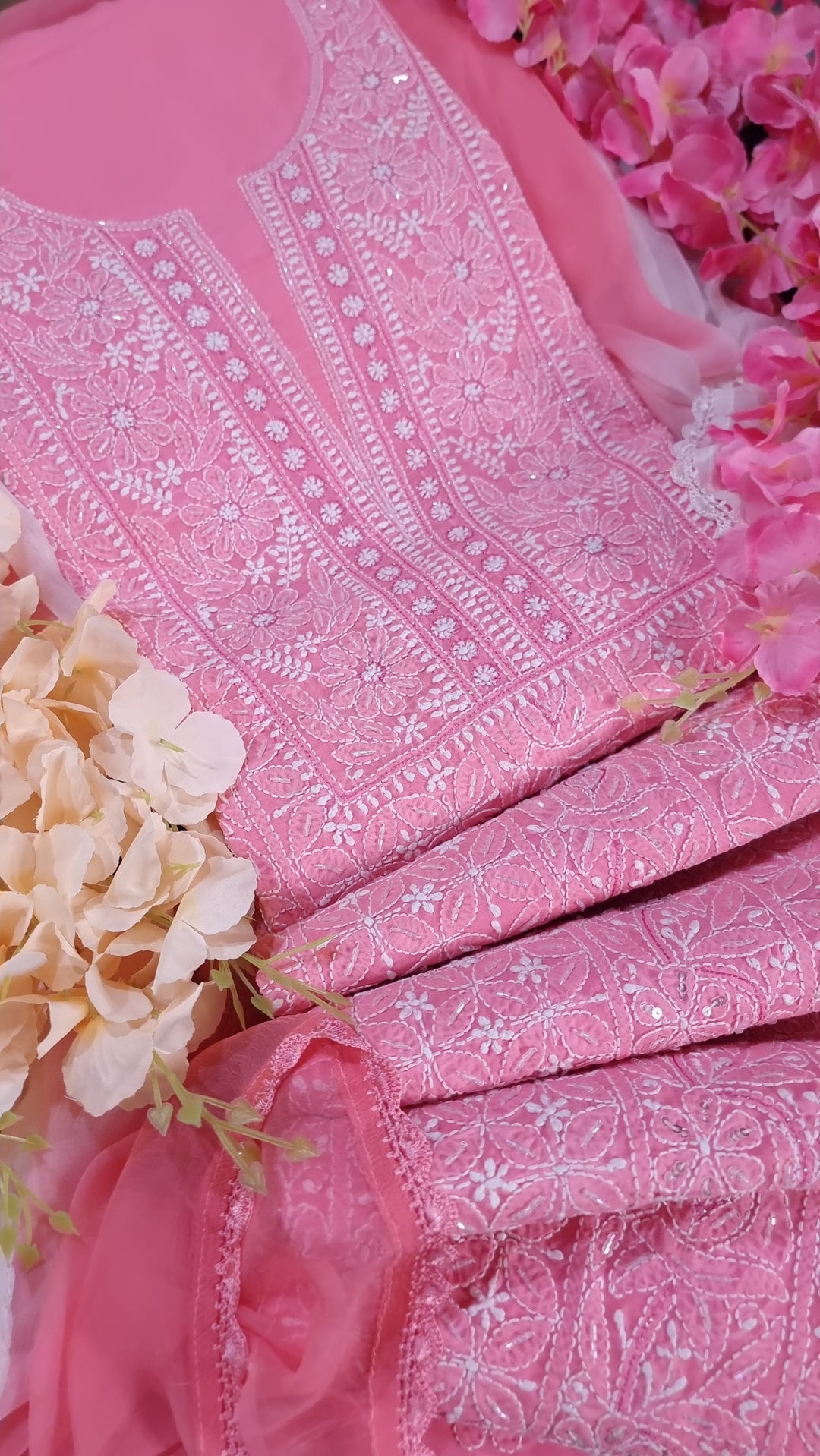 Unstitched Cotton Hand Embroidered Chikankari Dress Material with Cutdana, Resham & Badla Work | Pure Chiffon Dupatta | Lucknowi Artistry