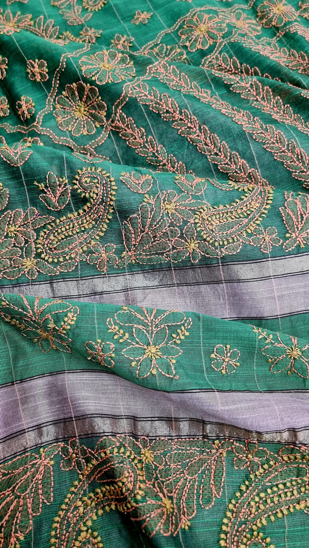 Hand Embroidered Chikankari Banarasi Silk Saree with Intricate Border & Palla Pattern – Includes  Blouse | Paridhan Chikan