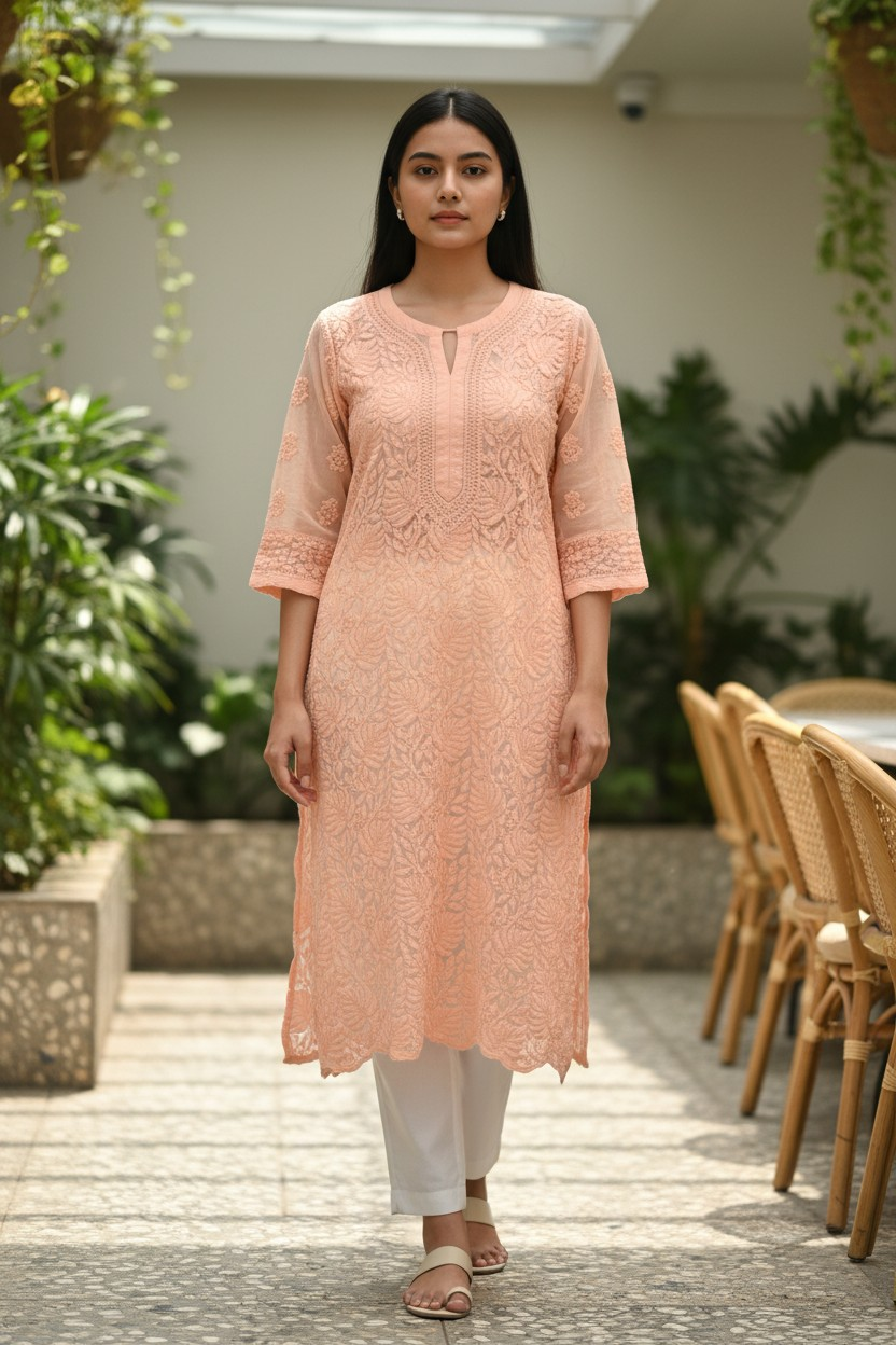 Georgette chikankari long kurti