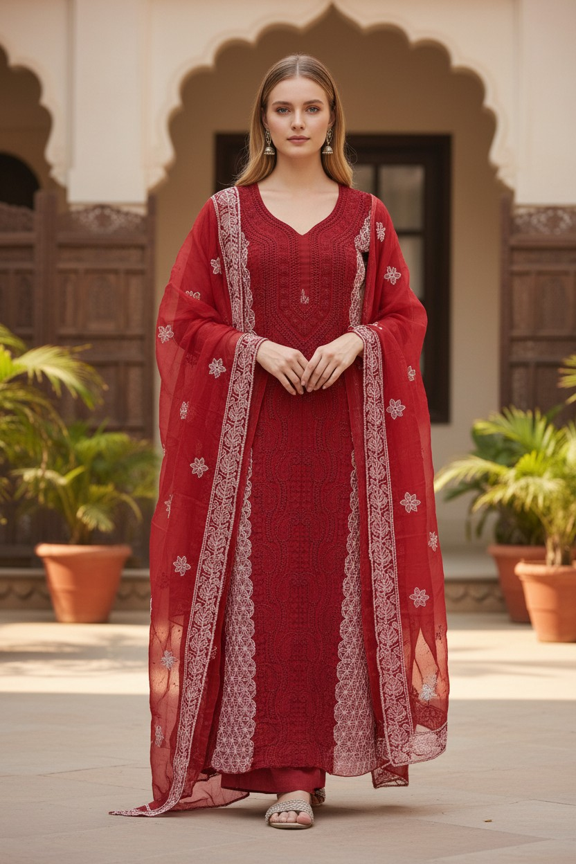 Unstitched Georgette Chikankari Dress Material | Hand Embroidered Kurta, Bottom & Dupatta