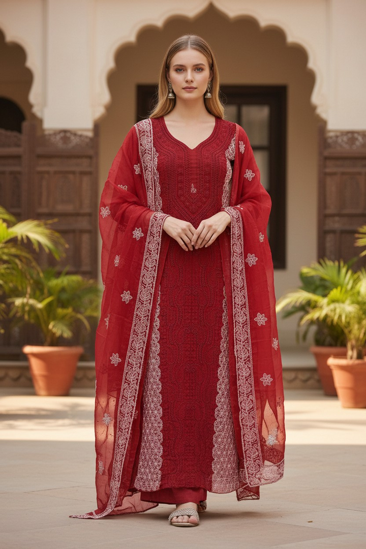 Unstitched Georgette Chikankari Dress Material | Hand Embroidered Kurta, Bottom & Dupatta
