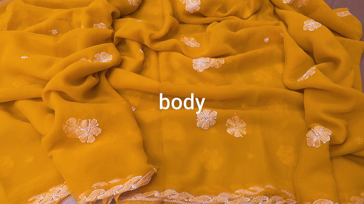Faux Georgette Hand Chikankari Saree with Exclusive Border & Palla Design | Embroidered Blouse Included | Authentic Lucknow Handicraft by Paridhan Chikan