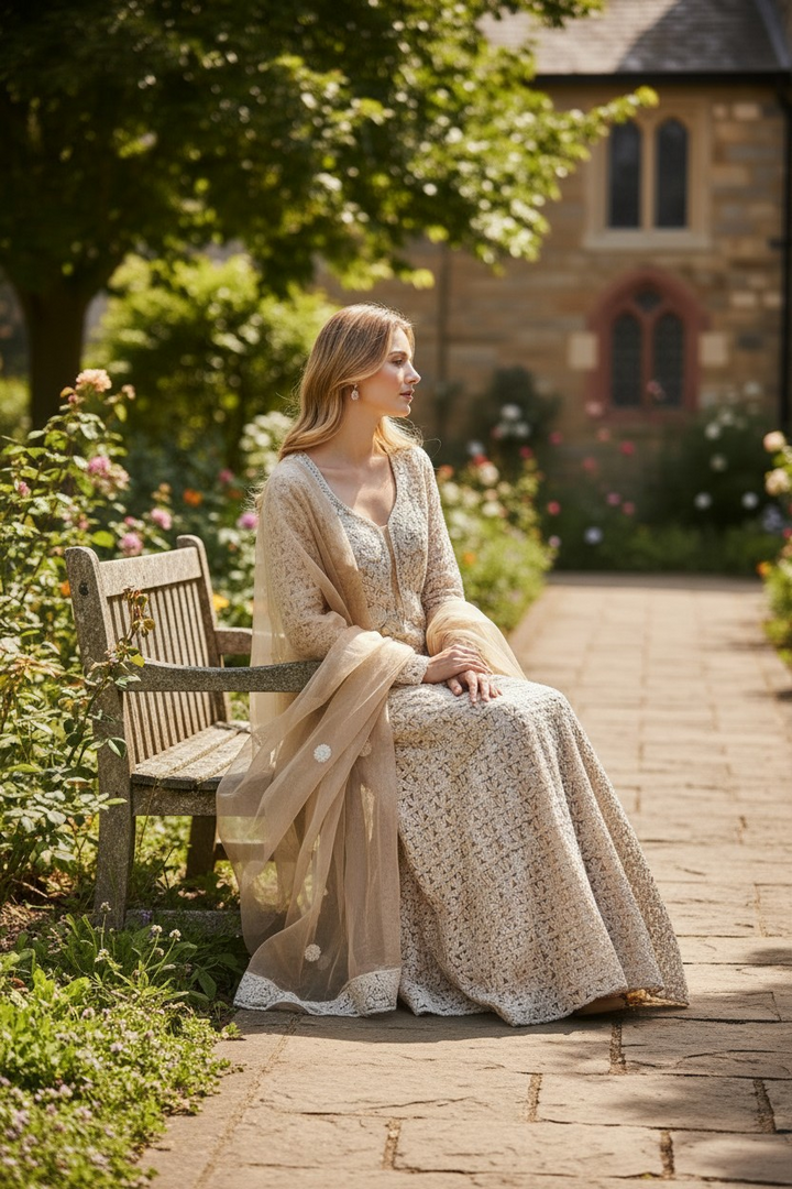 Unstitched Georgette Chikankari Dress Material | Hand Embroidered Kurta, Bottom & Dupatta