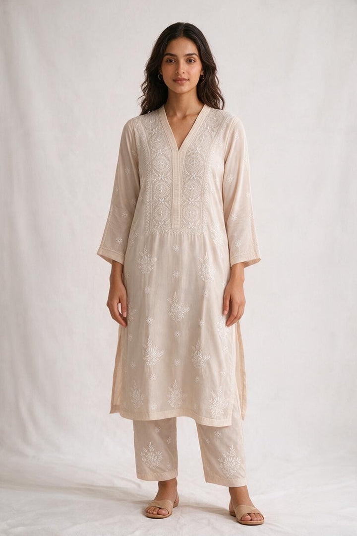 Luxe-Pure Modal satin luxurious kurti pants set with *2 taar chikankari work*