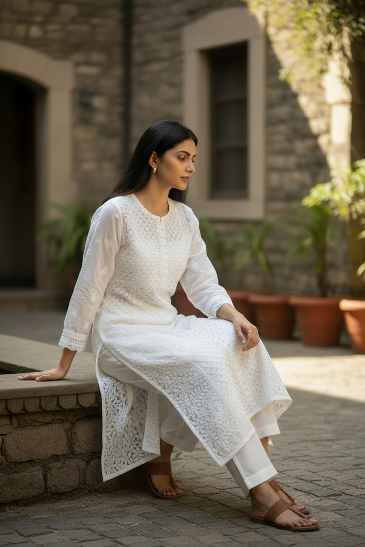 Women's Chikankari Georgette Front-Open Look Kurta | Hand Embroidered Lucknowi Ethnic Wear