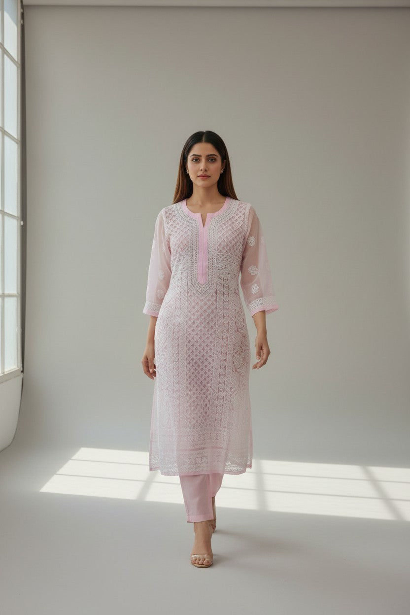 Mahi Women's Chikankari Georgette Full Embroidered Kurta | Hand Embroidered Lucknowi Ethnic Wear