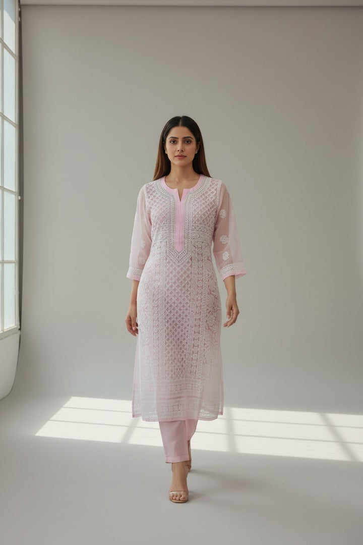 Mahi Women's Chikankari Georgette Full Embroidered Kurta | Hand Embroidered Lucknowi Ethnic Wear