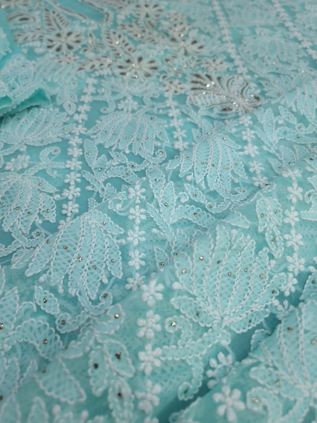 Mukesh Kaamdani Georgette Chikankari Hand Embroidery Dress Material - Sea Green