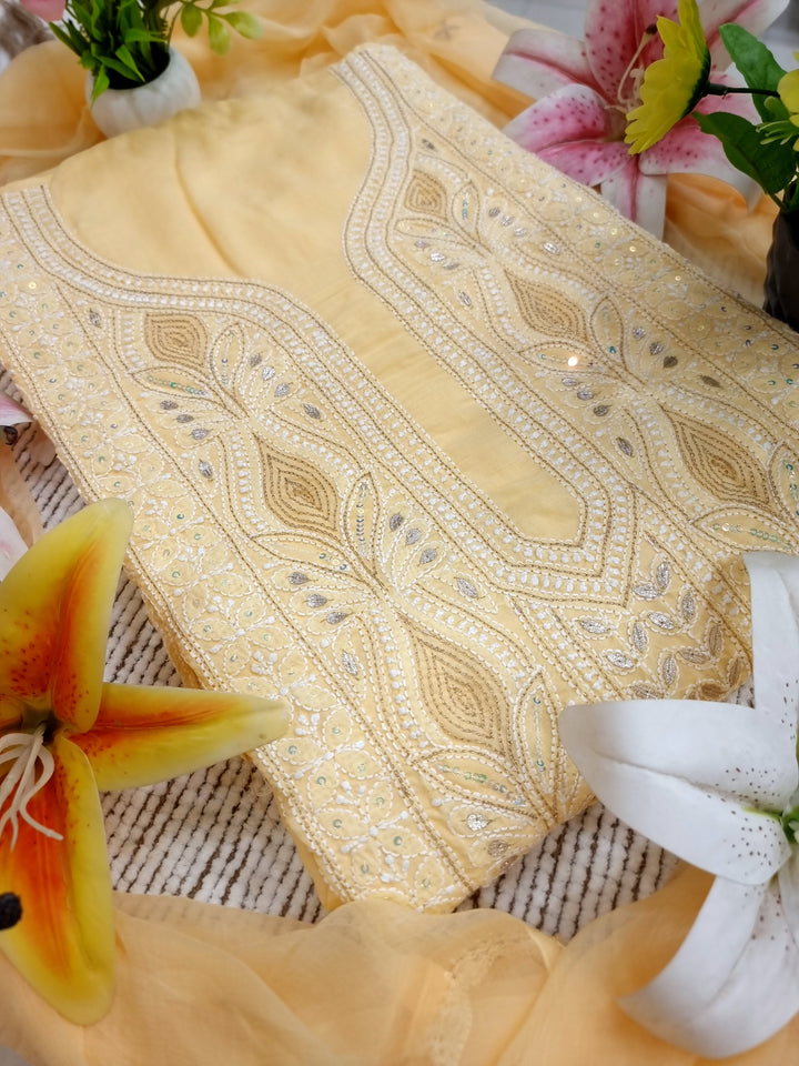 Yellow Unstitched Soft Cotton Chikankari Suit Set – Aari, Kasab & Gotta Patti Embellished with Pure Chiffon Dupatta