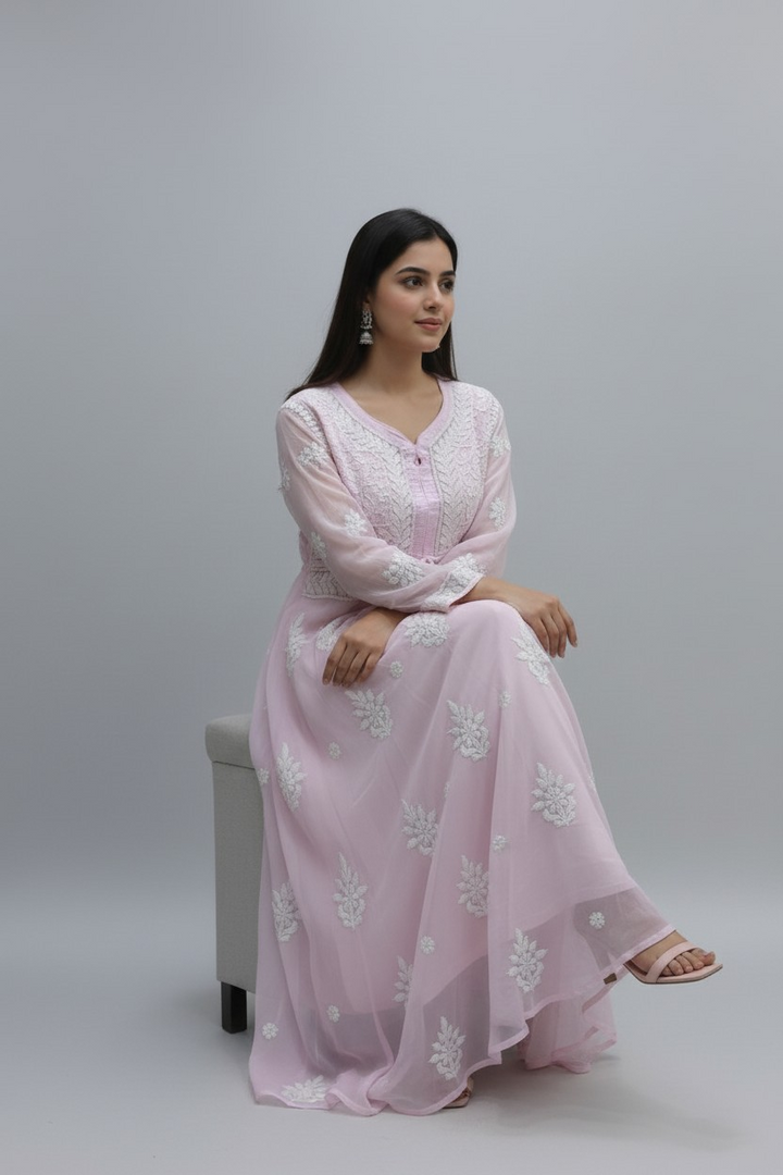 Georgette Lucknowi Chikankari 50" Long gown style Kurti | 100% Hand Embroidered| No Shrinkage