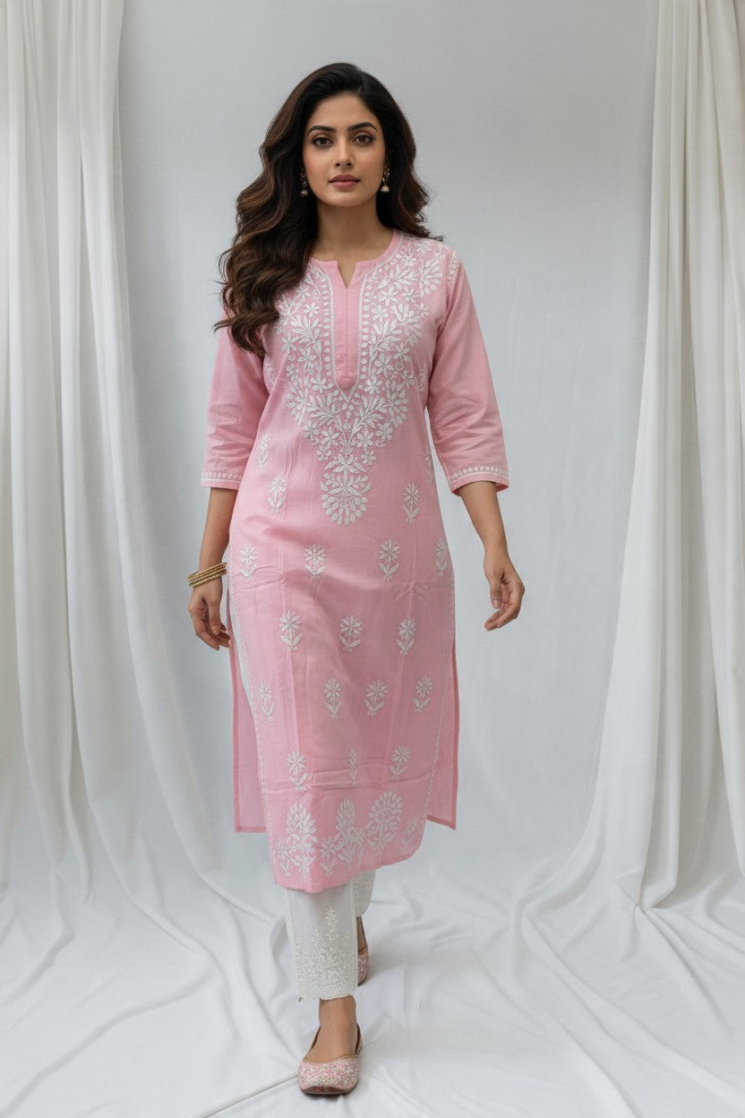Saba Rayon Chikankari Hand Embroidered Kurti for Women | Premium Soft & Non-Transparent Fabric | 46 Inch Length | Lucknowi Chikan Kurta