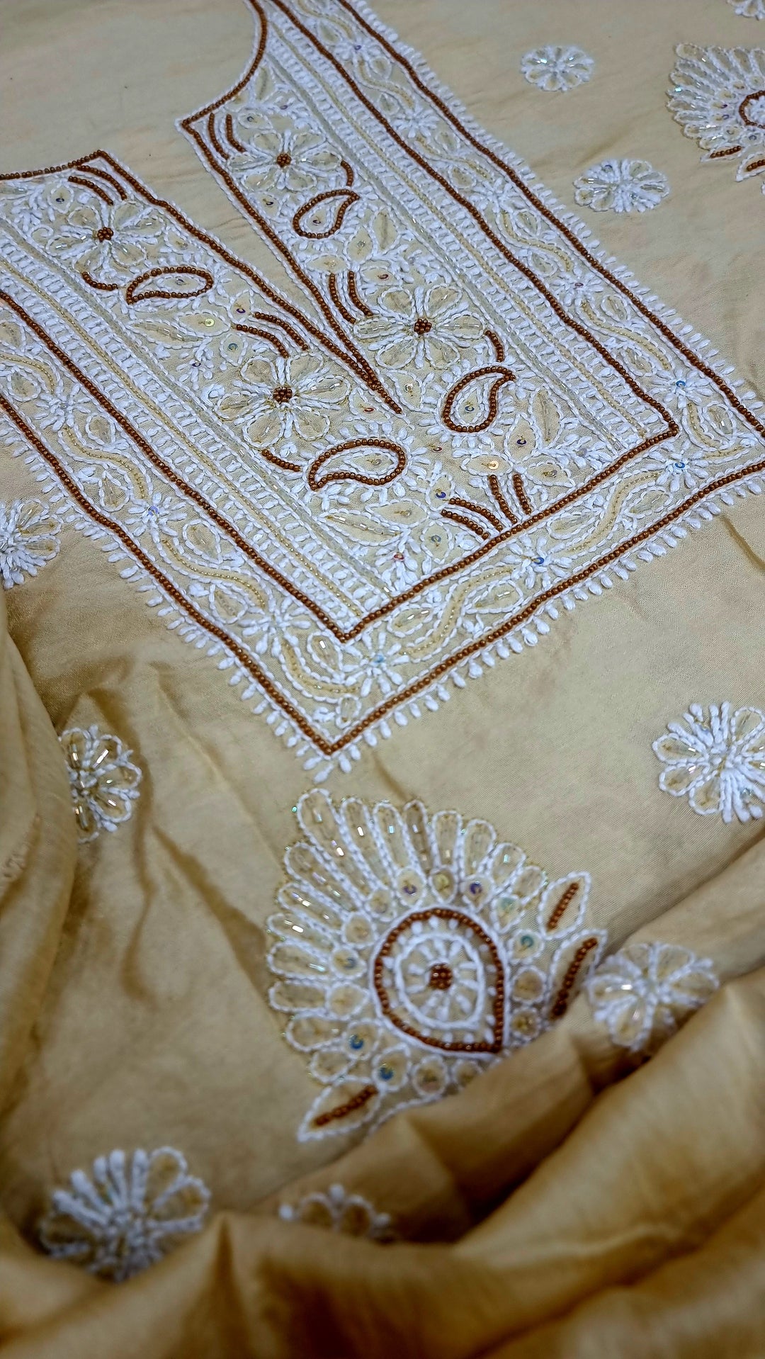 Lucknowi Chikankari Chanderi Fabric – Hand-Embroidered Kurta & Dupatta with Pearl, Resham & Badla Work