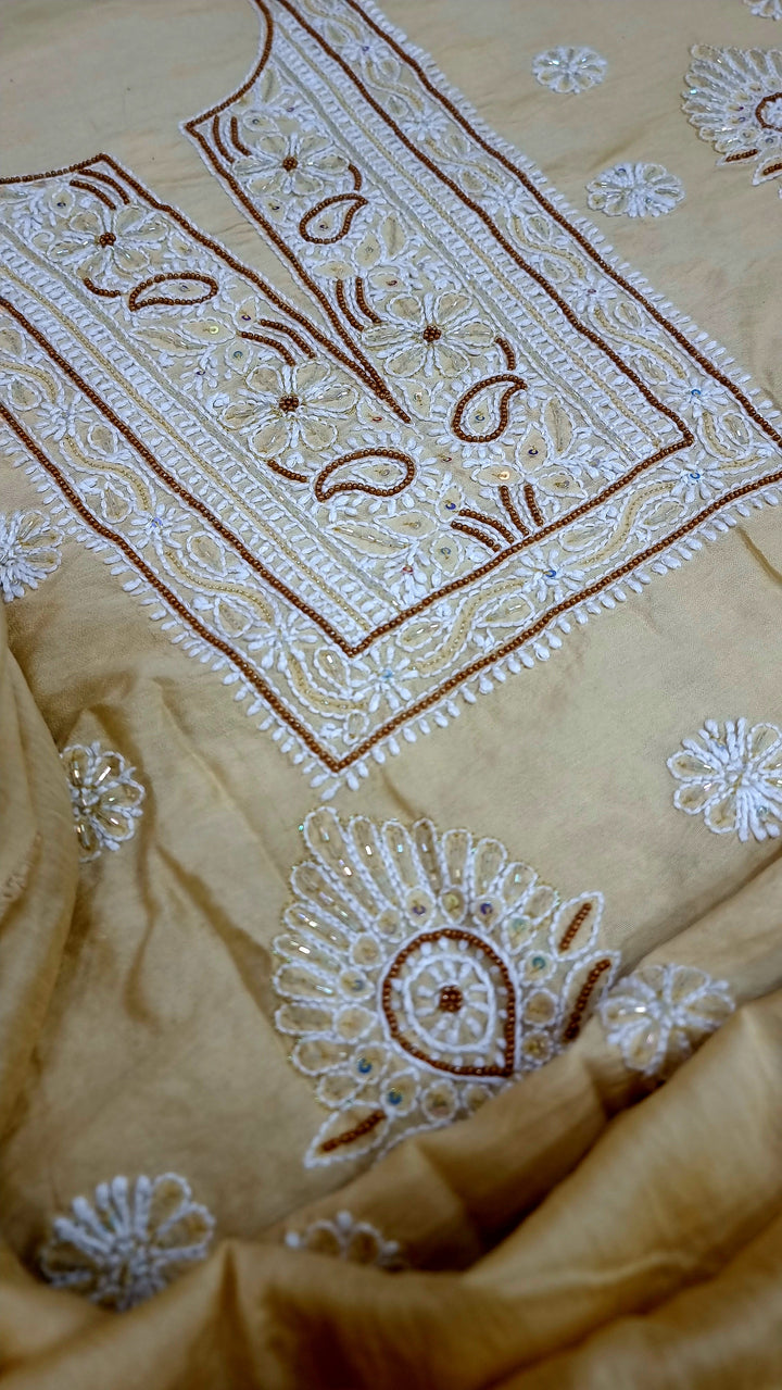 Lucknowi Chikankari Chanderi Fabric – Hand-Embroidered Kurta & Dupatta with Pearl, Resham & Badla Work