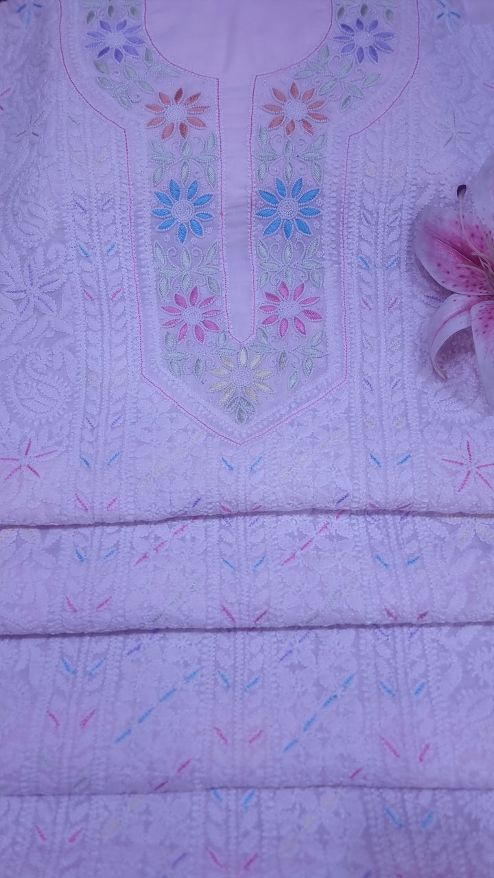 Cotton Resham Neckline chikankari dress material- Baby Pink