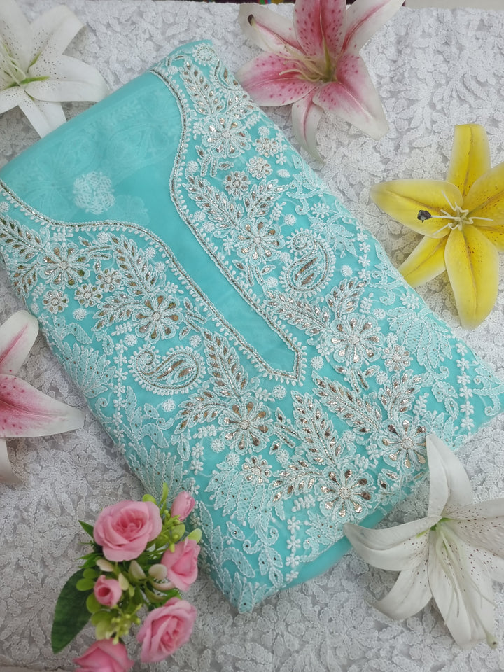 Mukesh Kaamdani Georgette Chikankari Hand Embroidery Dress Material - Sea Green