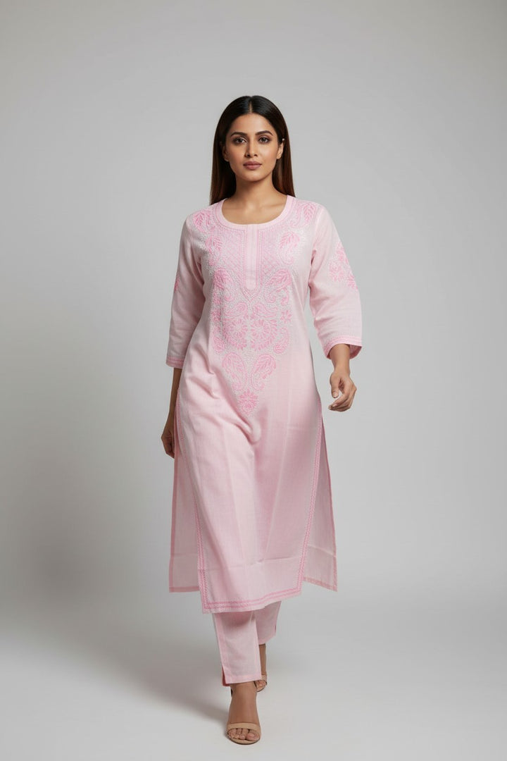 Pure Cotton Linen Lucknowi Chikankari Long Kurti | 100% Hand Embroidered | Non-Transparent | No Shrinkage