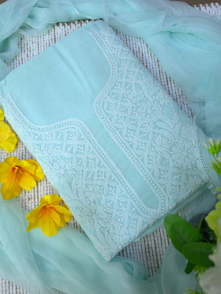 Nawazish Handmade Jaali Chikankari Cotton Dress Material with Chiffon Dupatta | Authentic Lucknow Hand Embroidery | Unstitched Suit Set