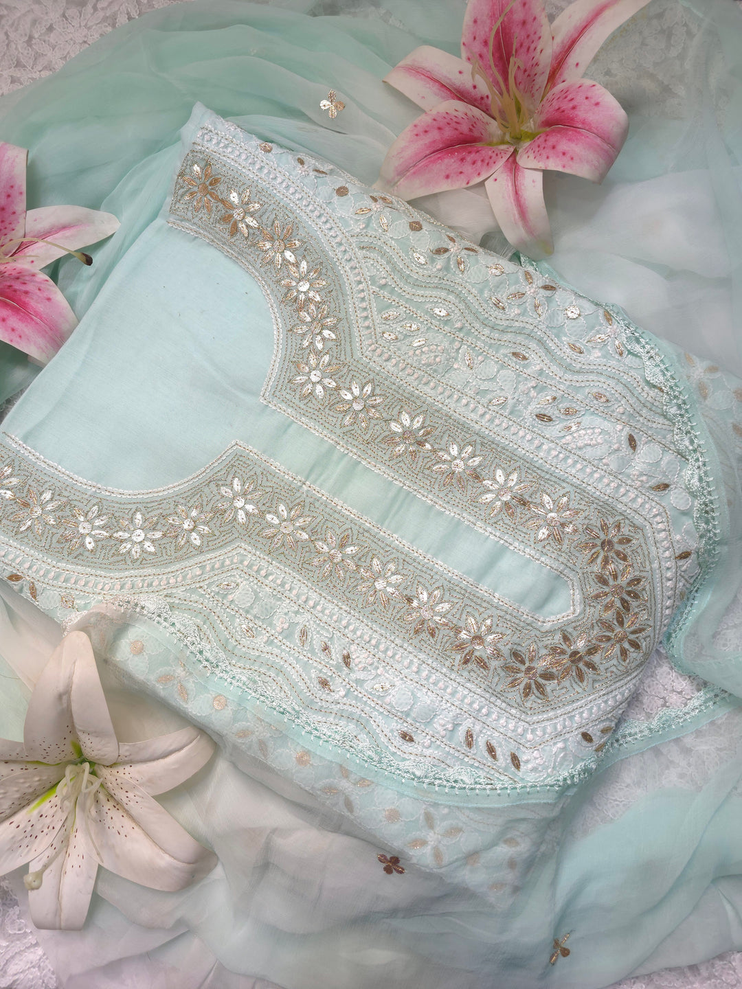 Sea Green Unstitched Soft Cotton Chikankari Suit Set – Aari, Kasab & Patti Embellished Gotta with Pure Chiffon Dupatta