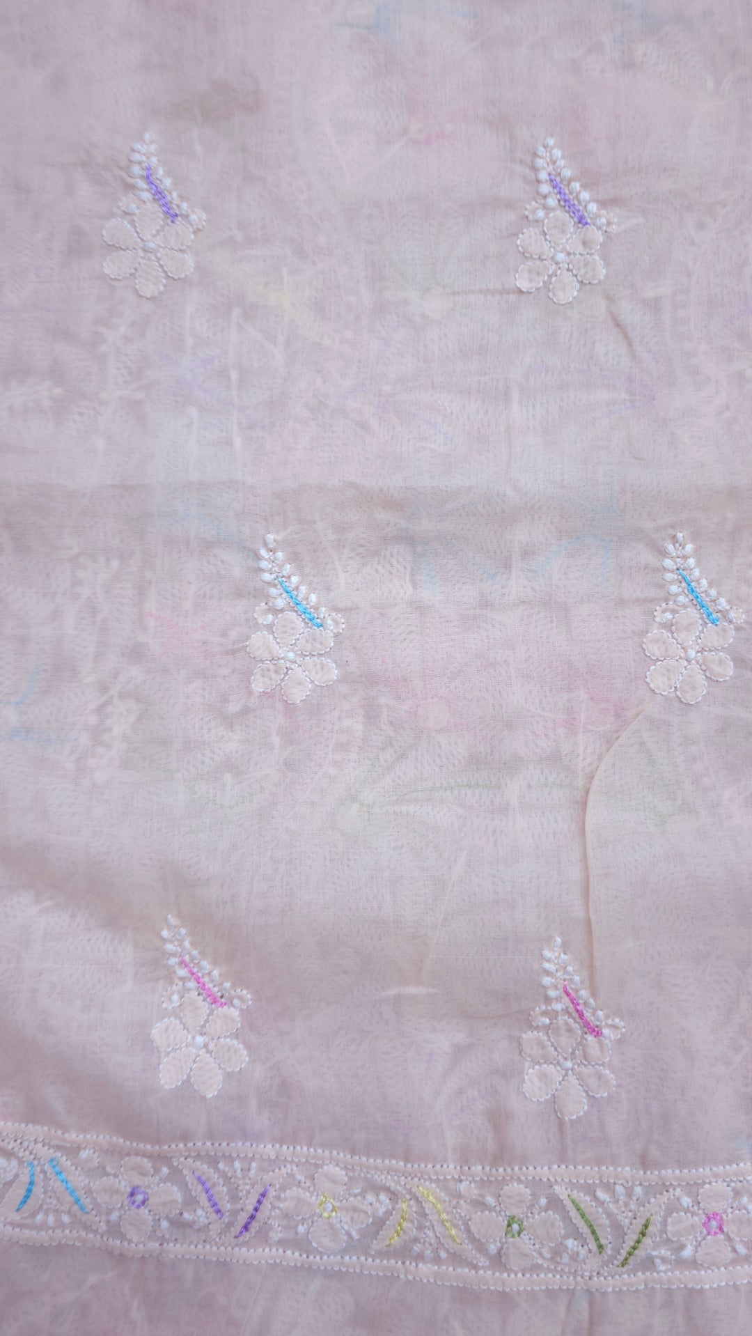 Cotton Resham Neckline chikankari dress material- Peach