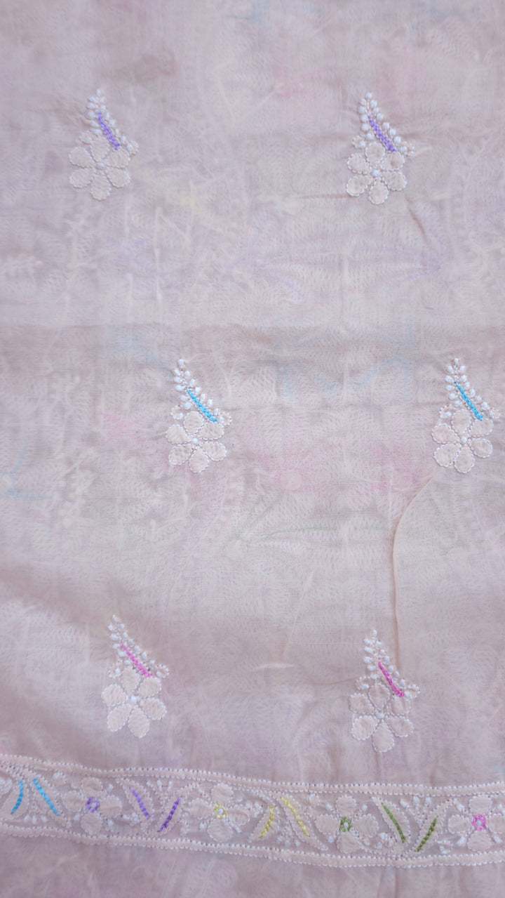 Cotton Resham Neckline chikankari dress material- Peach