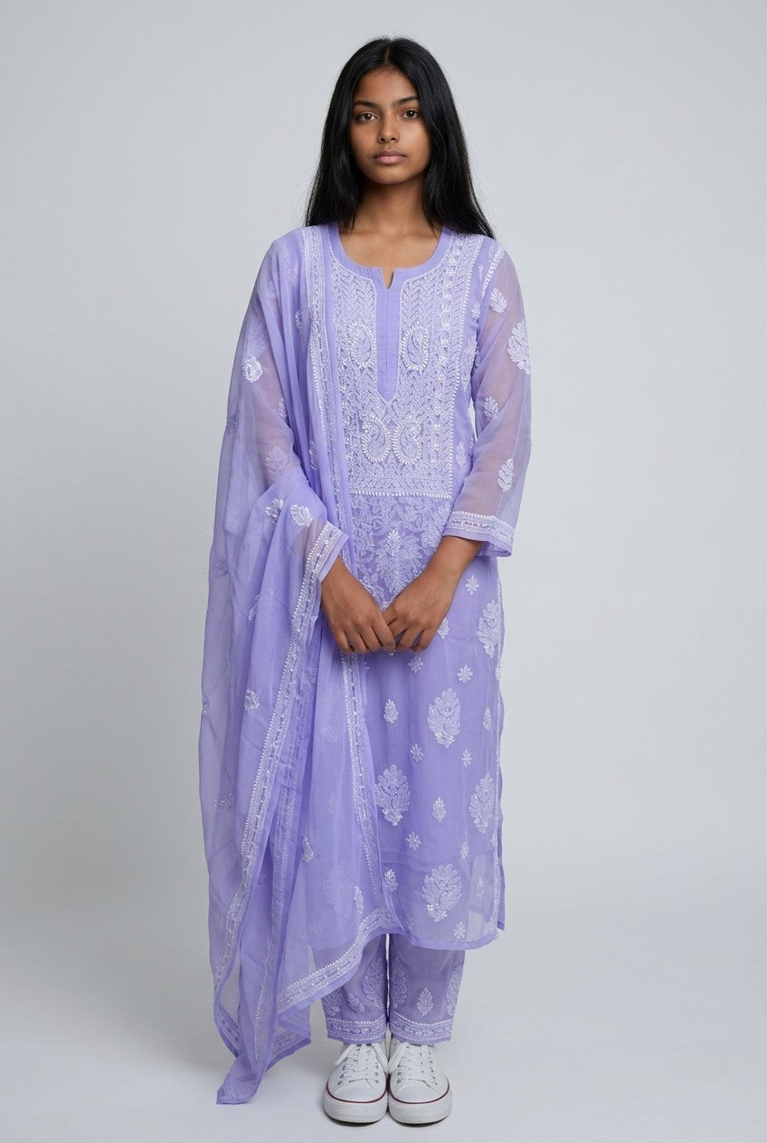"Paridhan Chikan Georgette Lucknowi Chikankari Unstitched Suit Set – Hand Embroidered Kurta, Bottom & Dupatta for Women"
