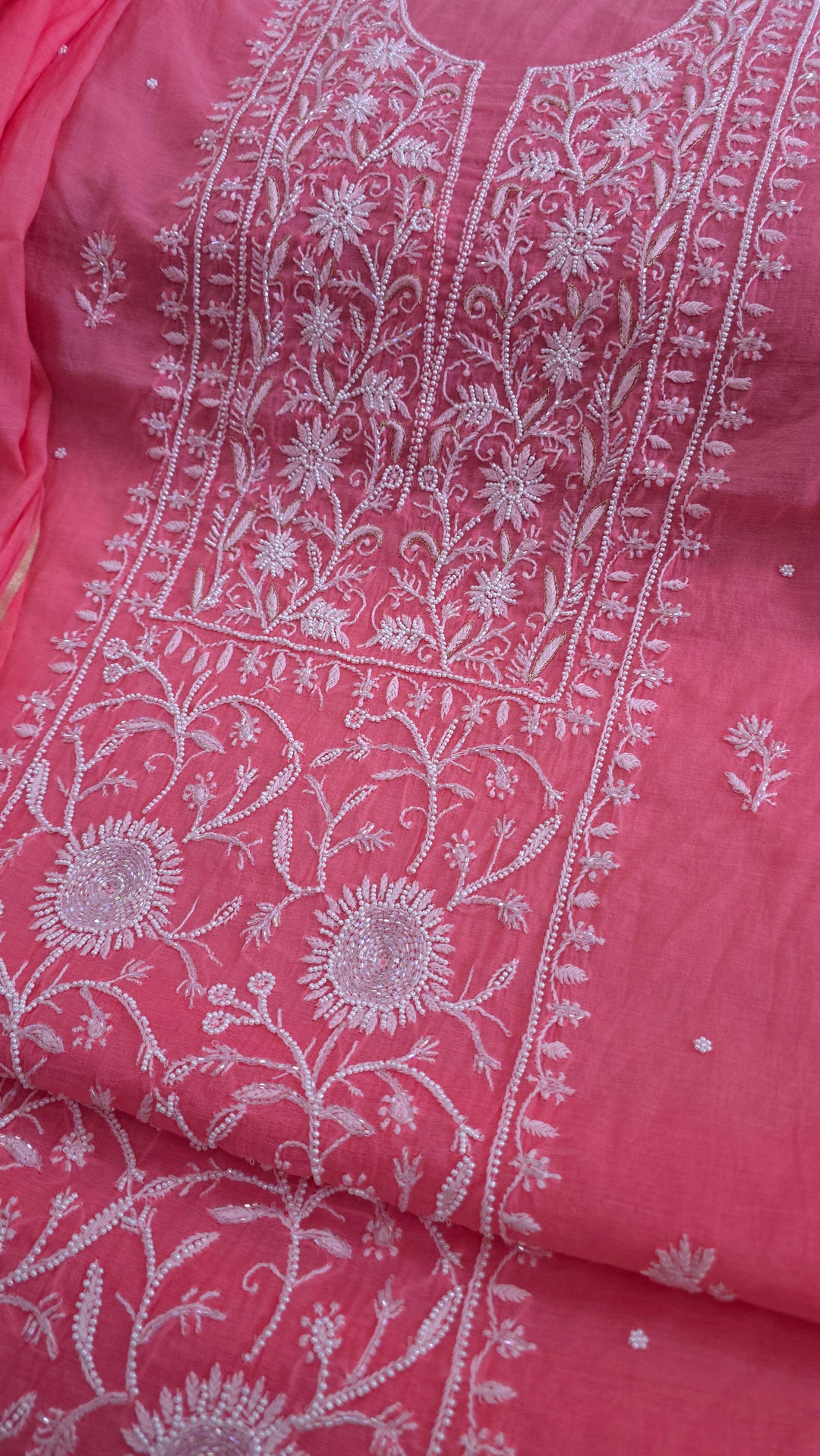 Premium Mul Chanderi Pearl, Cutdana & Kasab Hand Embroidered Unstitched Suit Set