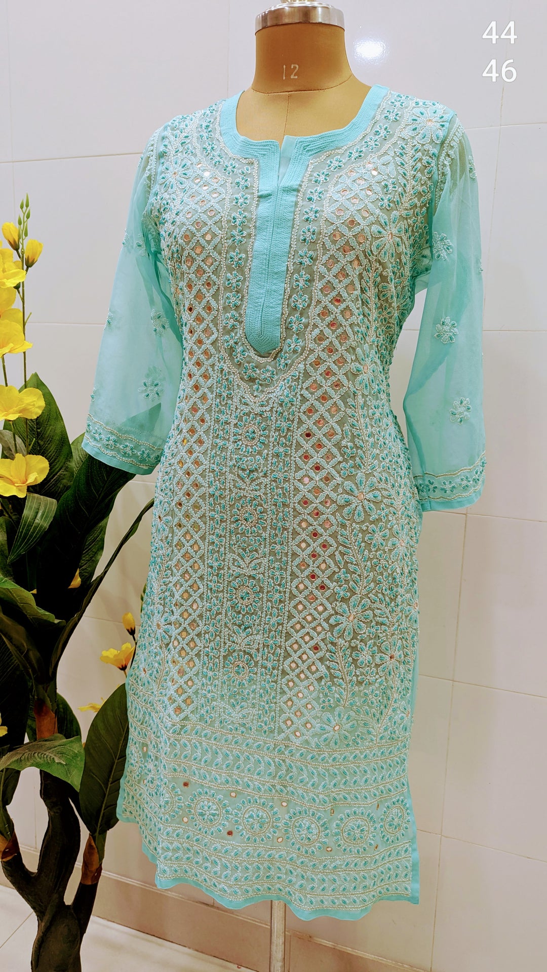 Raha Women’s Georgette Chikankari Kurti –Pearl, mirror n aari work -Designer Hand Embroidered Lucknowi Craft by Paridhan Chikan