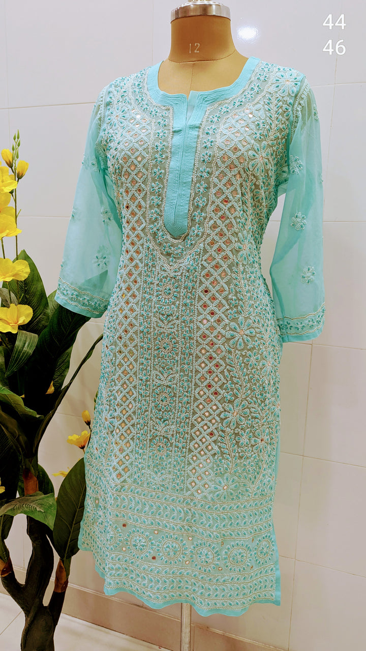 Raha Women’s Georgette Chikankari Kurti –Pearl, mirror n aari work -Designer Hand Embroidered Lucknowi Craft by Paridhan Chikan