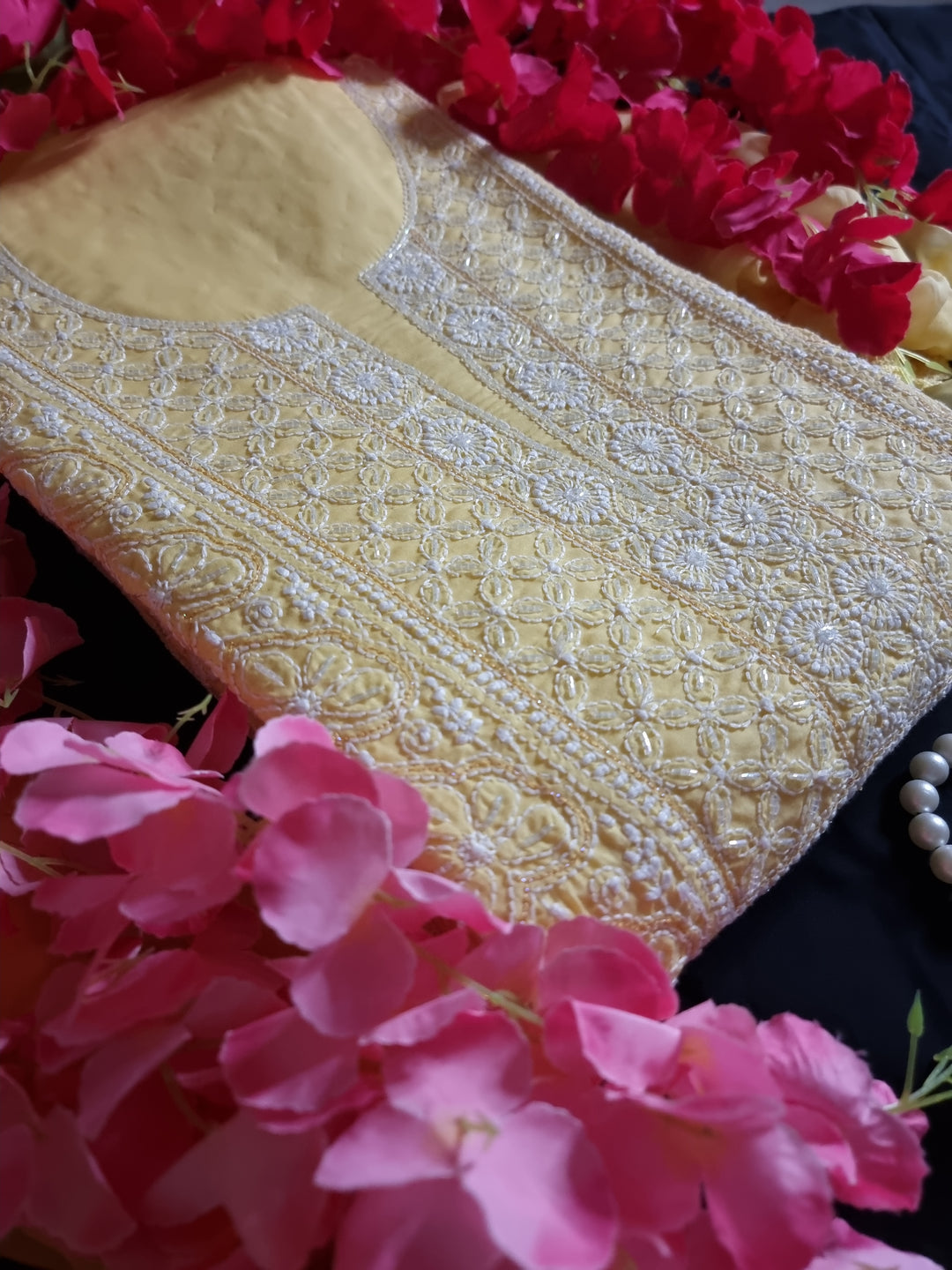 Unstitched Cotton Hand Embroidered Chikankari Dress Material with Cutdana, Resham & Badla Work | Pure Chiffon Dupatta | Lucknowi Artistry