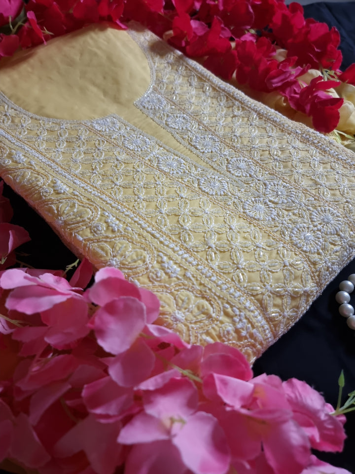 Unstitched Cotton Hand Embroidered Chikankari Dress Material with Cutdana, Resham & Badla Work | Pure Chiffon Dupatta | Lucknowi Artistry