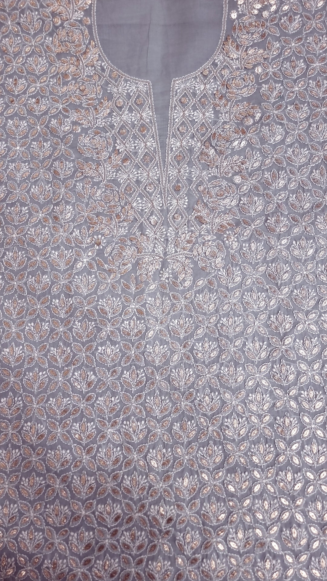 Grey Unstitched Soft Cotton Chikankari Suit Set – Aari, Kasab & Gotta Patti Embellished with Pure Chiffon Dupatta