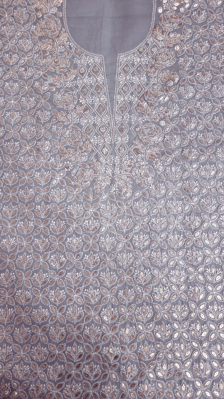 Grey Unstitched Soft Cotton Chikankari Suit Set – Aari, Kasab & Gotta Patti Embellished with Pure Chiffon Dupatta