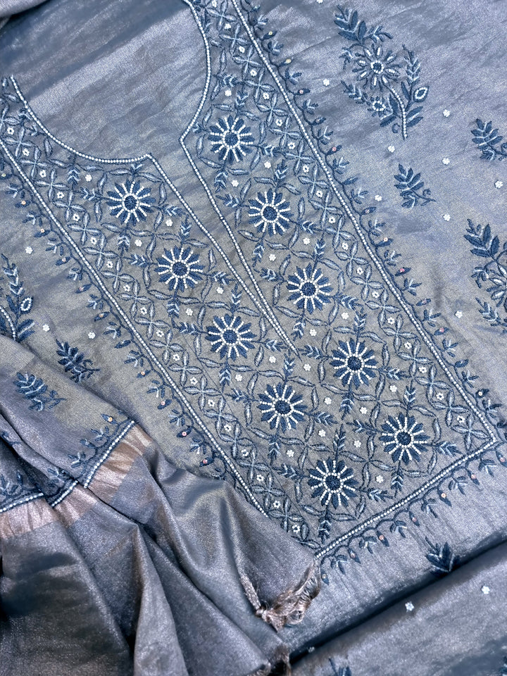 Soft Tissue Chikankari Unstitched Dress Material | 3 Taar Hand Embroidery with Pearl & Cutdana Work + Golden Border Dupatta
