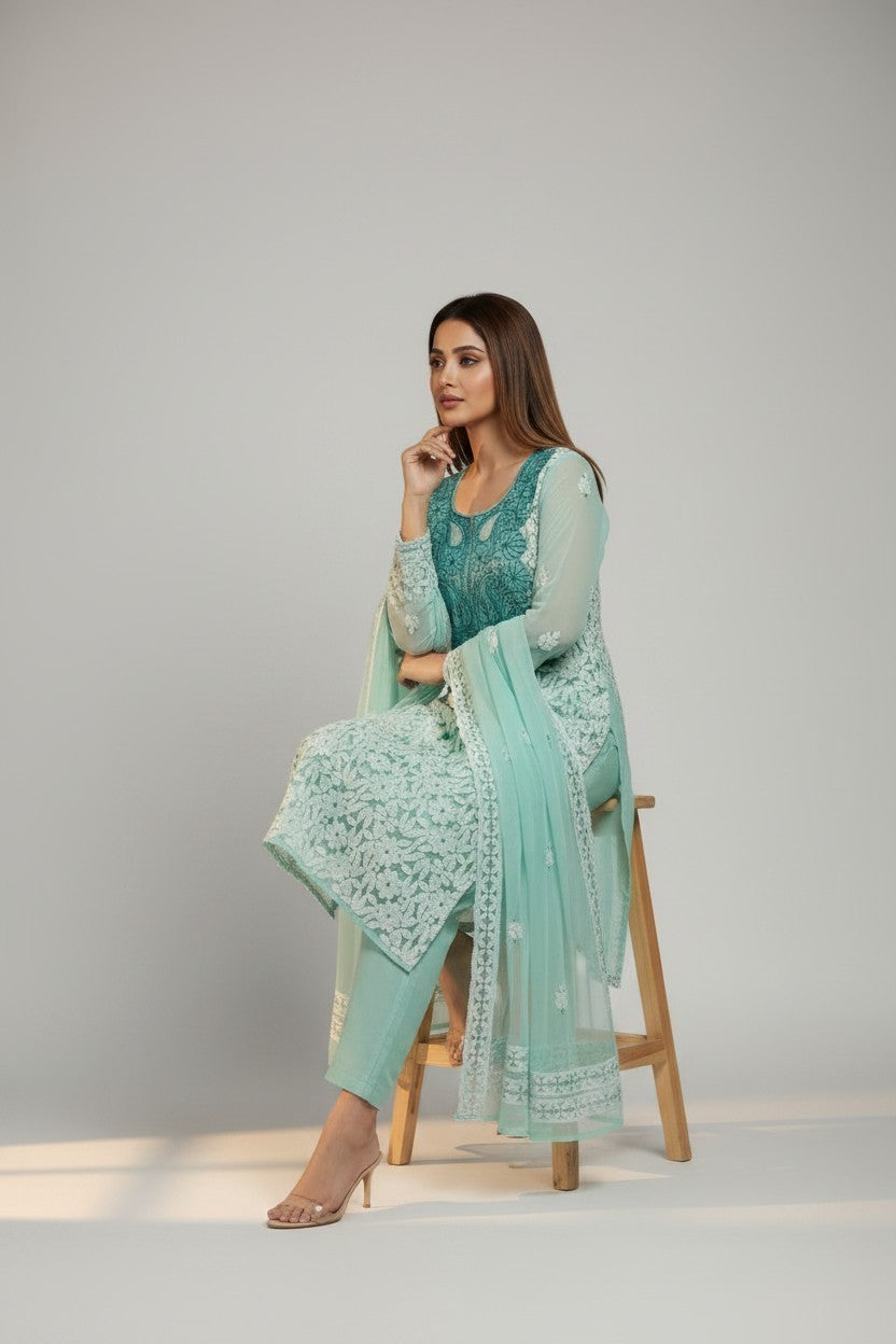 Unstitched Georgette Chikankari Dress Material | Hand Embroidered Kurta, Bottom & Dupatta