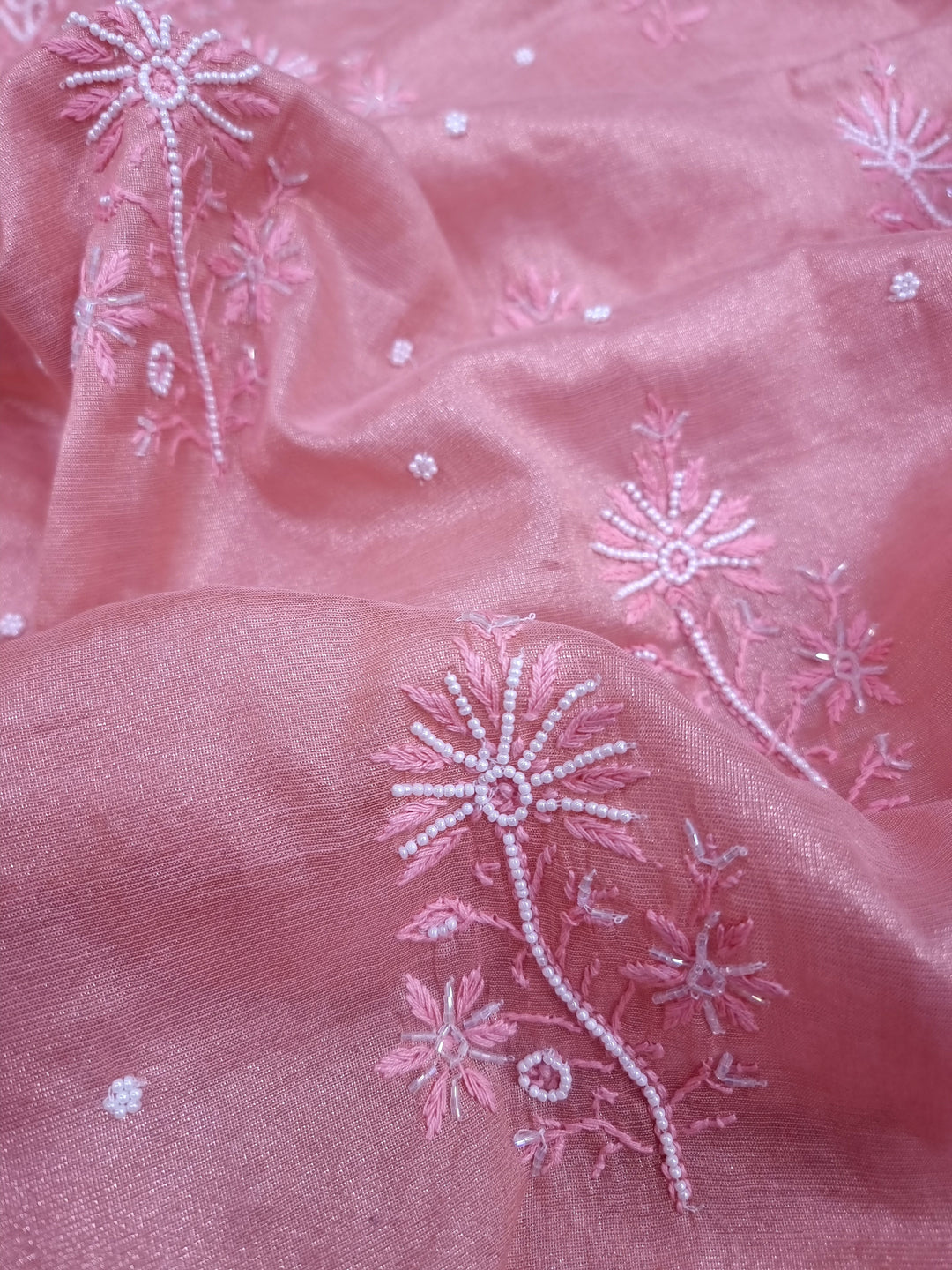 Soft Tissue Chikankari Unstitched Dress Material | 3 Taar Hand Embroidery with Pearl & Cutdana Work + Golden Border Dupatta