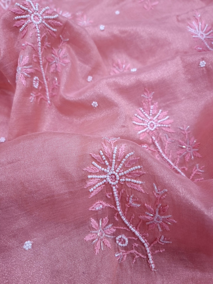 Soft Tissue Chikankari Unstitched Dress Material | 3 Taar Hand Embroidery with Pearl & Cutdana Work + Golden Border Dupatta