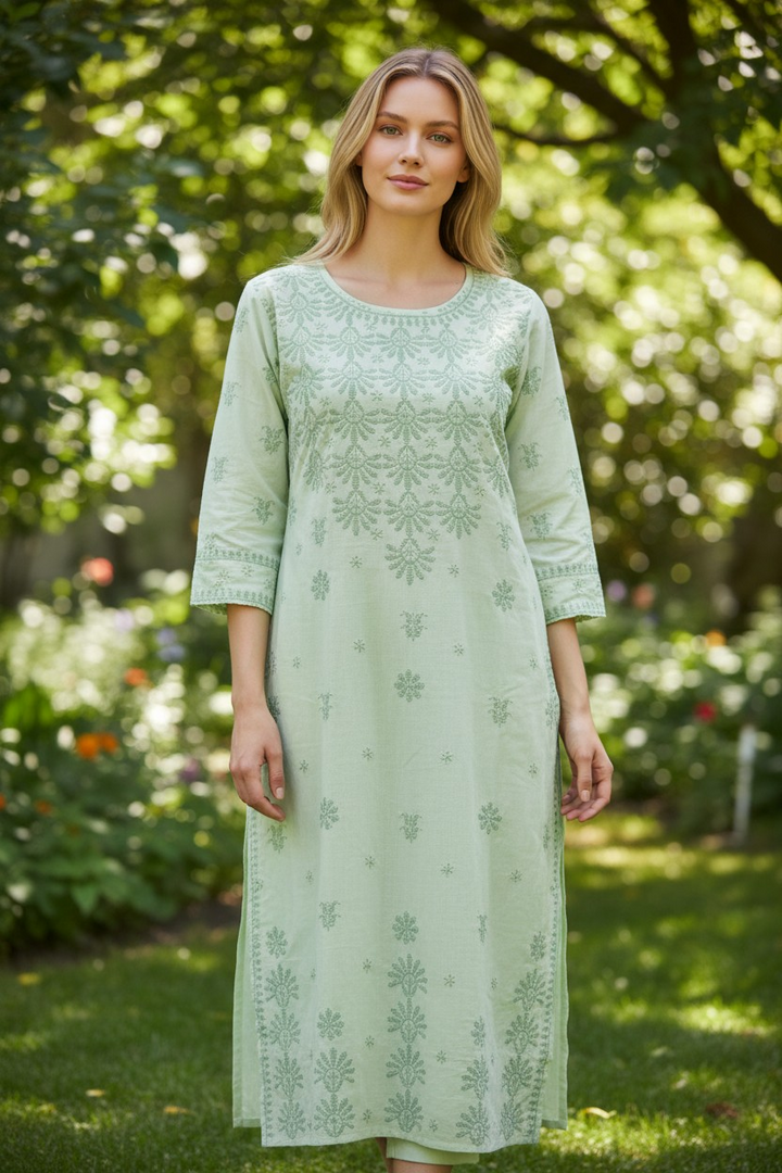 Soft Cotton Chikankari Hand Embroidered Kurti for Women | Premium Soft & Non-Transparent Fabric | 46 Inch Length | Lucknowi Chikan Kurta