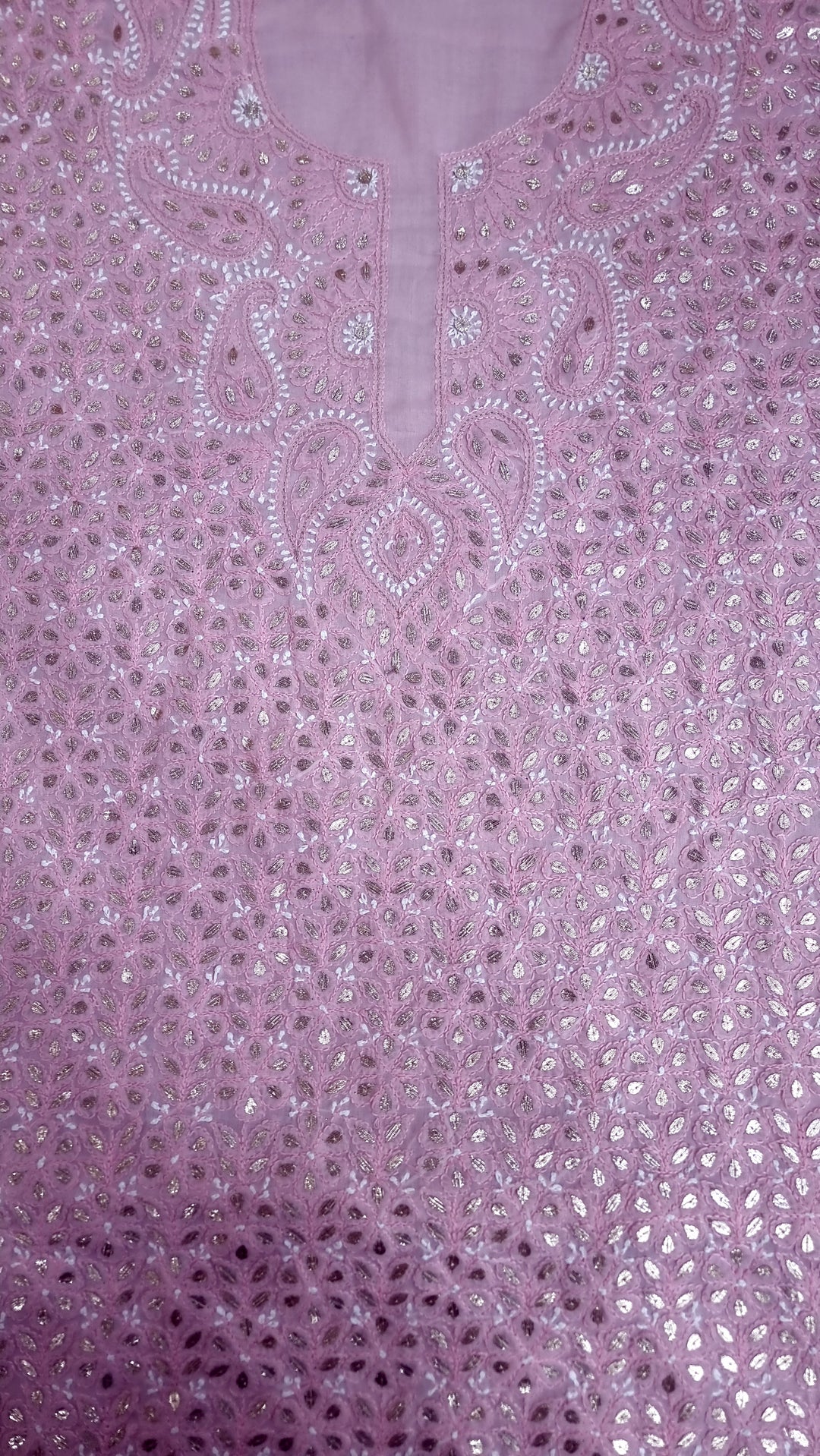 Pink Unstitched Soft Cotton Chikankari Suit Set – Aari, Kasab & Gotta Patti Embellished with Pure Chiffon Dupatta (Copy)
