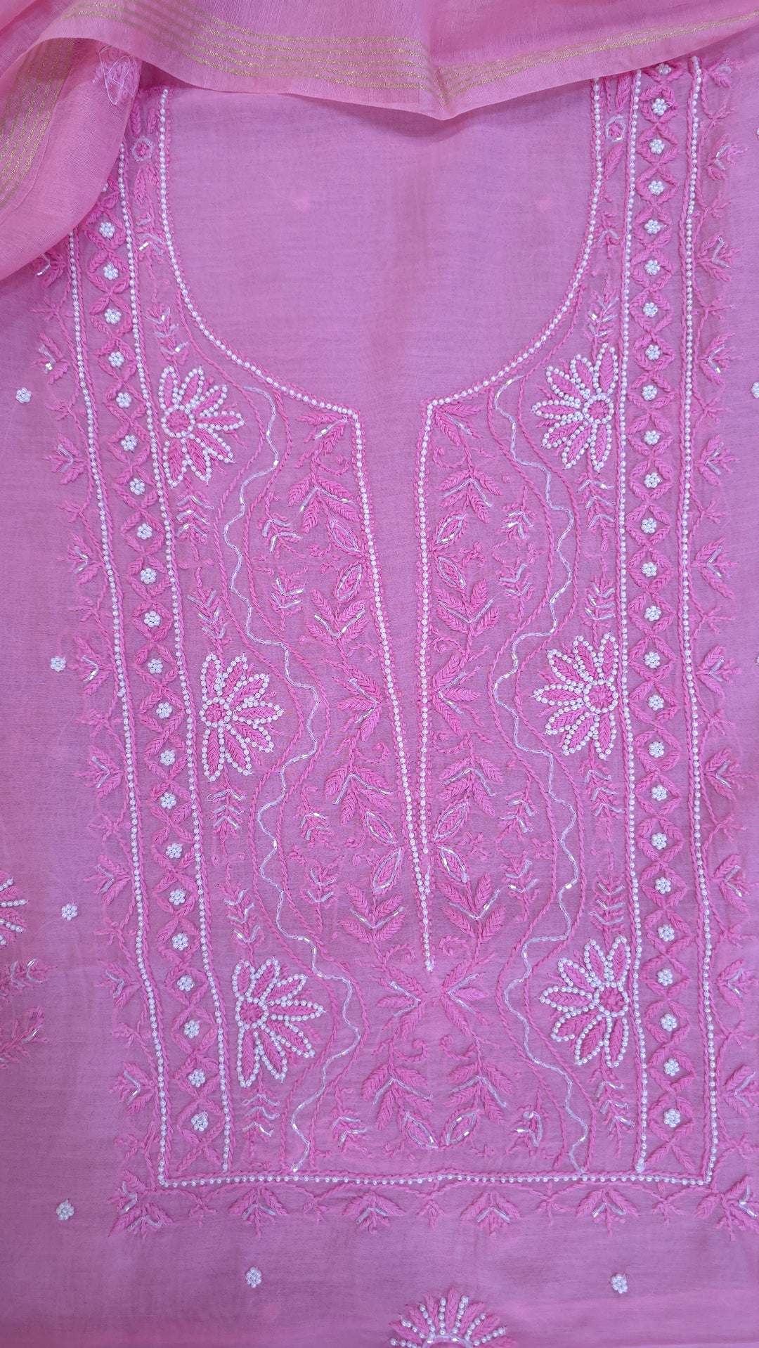 Hiba Premium Mul Chanderi Supersoft Dyeable Chikankari Dress Material | Hand Embroidered with Pearls & Cutdaana | Kurta & Dupatta Set