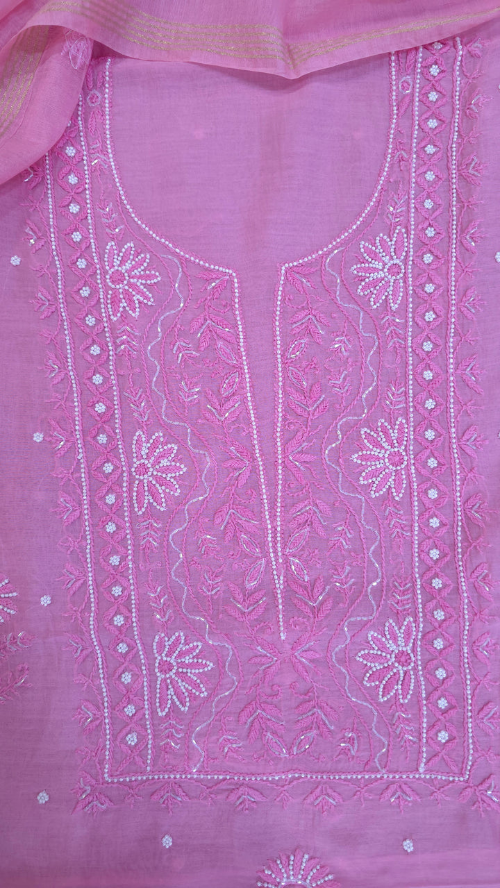 Hiba Premium Mul Chanderi Supersoft Dyeable Chikankari Dress Material | Hand Embroidered with Pearls & Cutdaana | Kurta & Dupatta Set