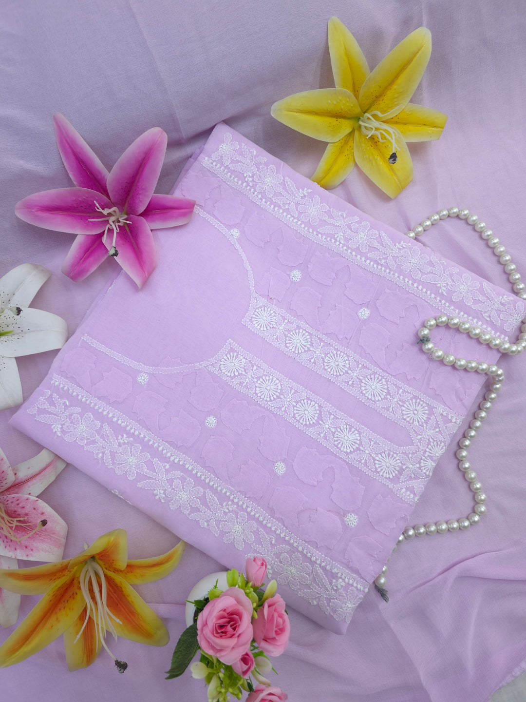 Darz Lucknowi Chikankari  Dress Material – Handmade Cotton Suit with Chiffon Dupatta