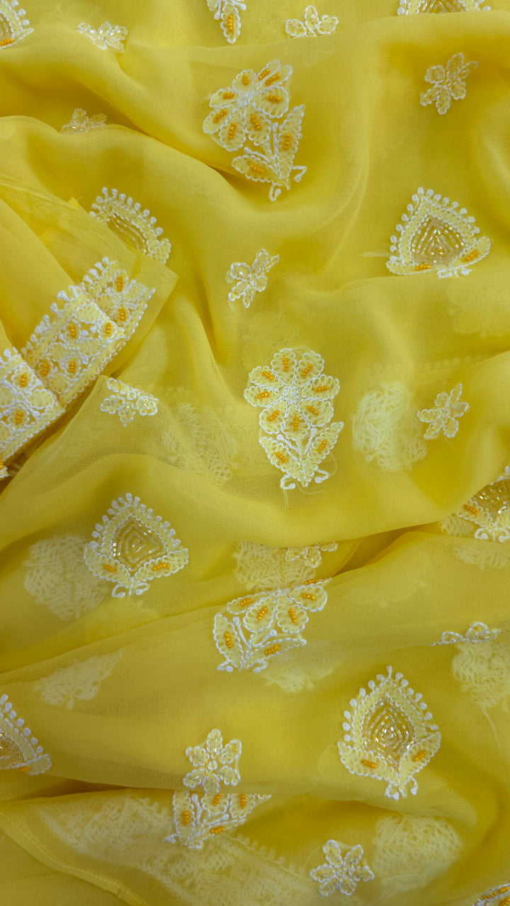 Alina Heavy Embellished Georgette Chikankari Unstitched Dress Material | Cutdana Handwork