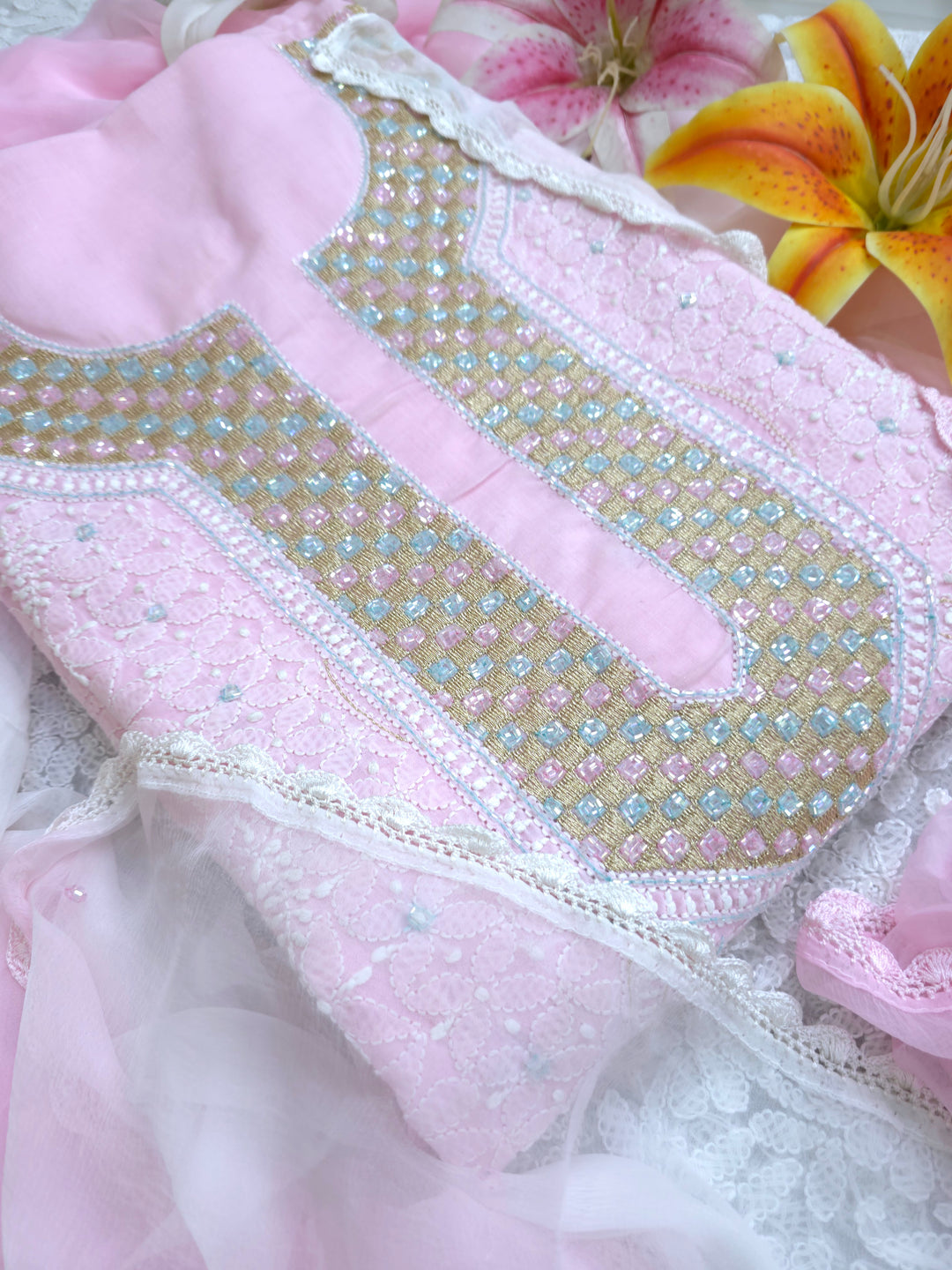 Premium Hand Embroidered Chikankari Cotton Unstitched Dress Material with Pure Chiffon Dupatta
