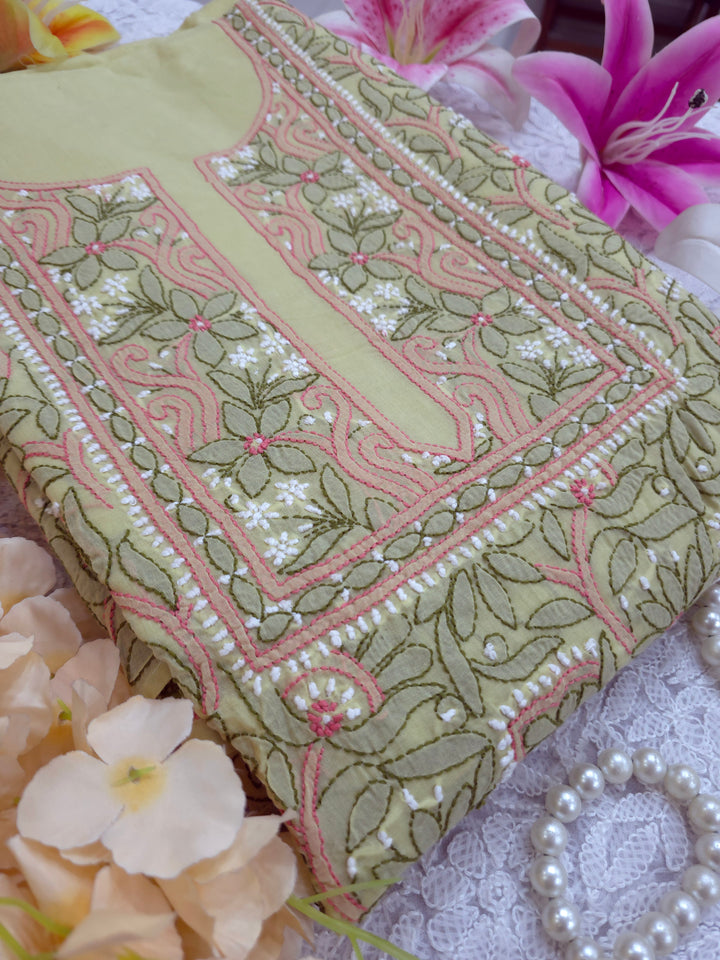 Lucknow Chikankari Hand Embroidered Cotton Dress Material with Tri-Color Motifs & Pure Chiffon Dupatta