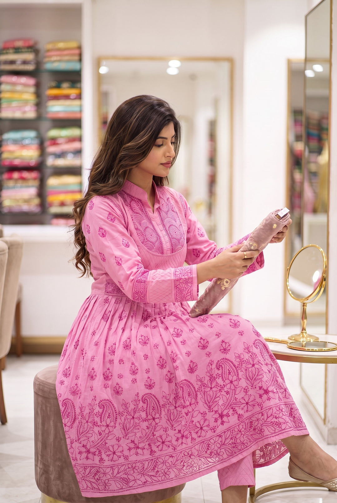 Cotton Lucknowi Chikankari 46" Long A-line Kurti | 100% Hand Embroidered| No Shrinkage