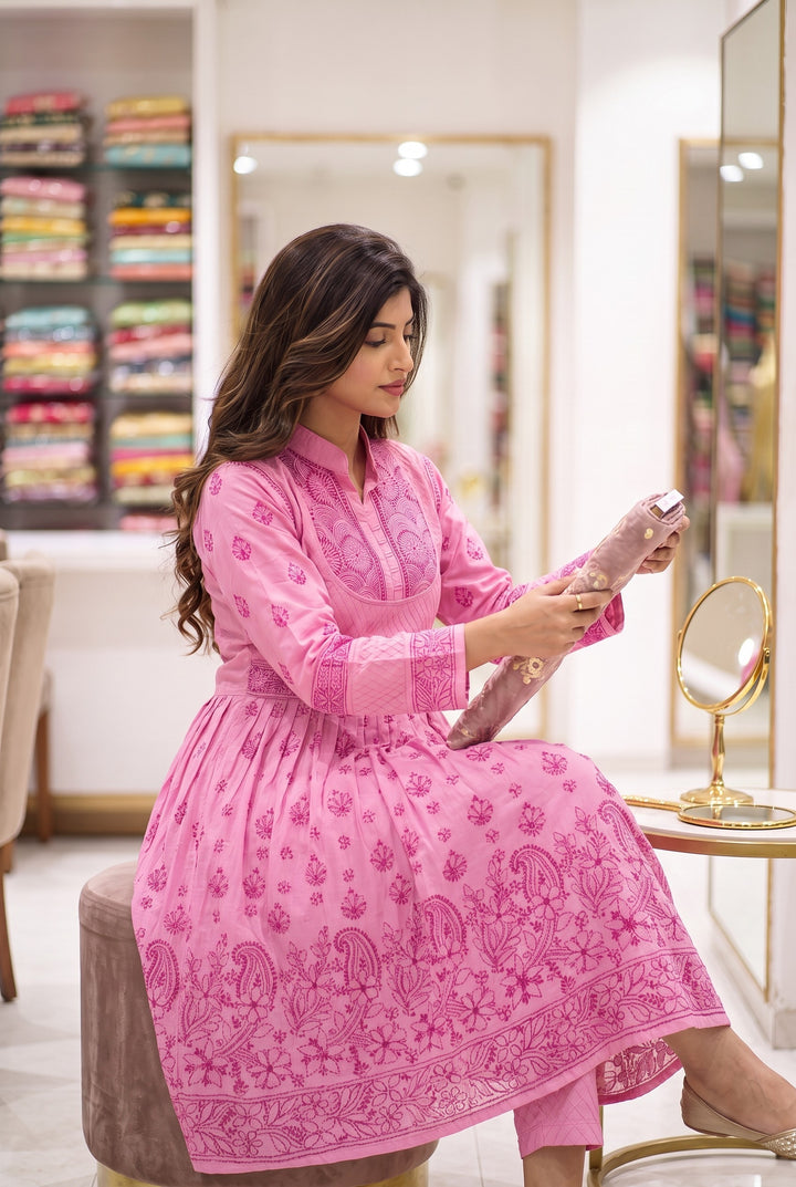 Cotton Lucknowi Chikankari 46" Long A-line Kurti | 100% Hand Embroidered| No Shrinkage