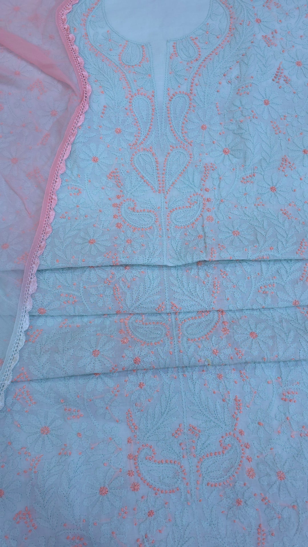 Lucknow Chikankari Hand Embroidered Cotton Dress Material with Tri-Color Motifs & Pure Chiffon Dupatta