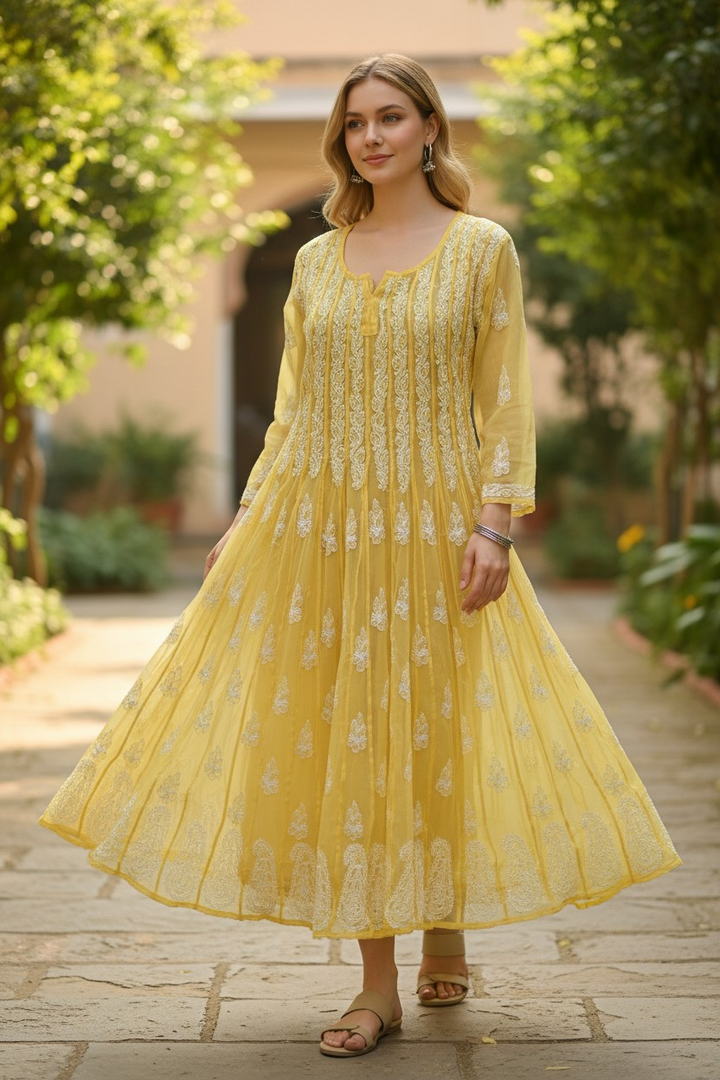 Georgette Lucknowi Chikankari 50" Long Anarkali Kurti | 100% Hand Embroidered| No Shrinkage